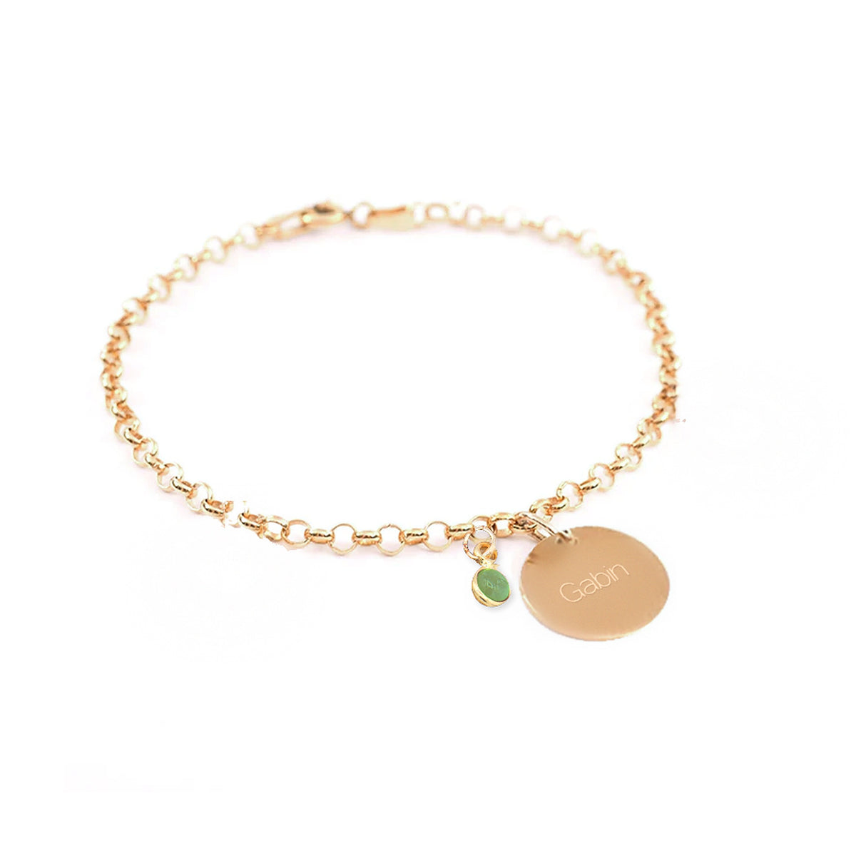 Bracelet chaîne jaseron en plaqué or 18K avec médaille gravée et pierre de naissance – Isabelle B