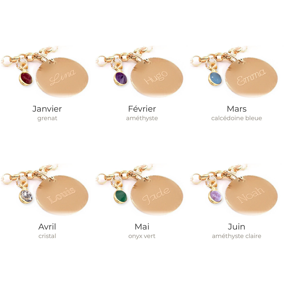 Bracelet jaseron médaille gravée avec pierre de naissance de janvier à juin : grenat, améthyste, calcédoine bleue, cristal, onyx vert, améthyste claire – Isabelle B