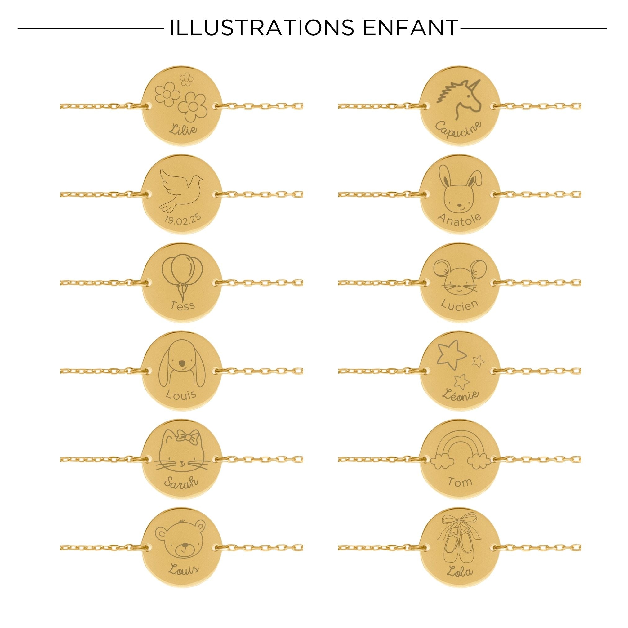 Bracelet Enfant Personnalisé - Chaîne, Médaille et Illustration - Plaqué Or 18K