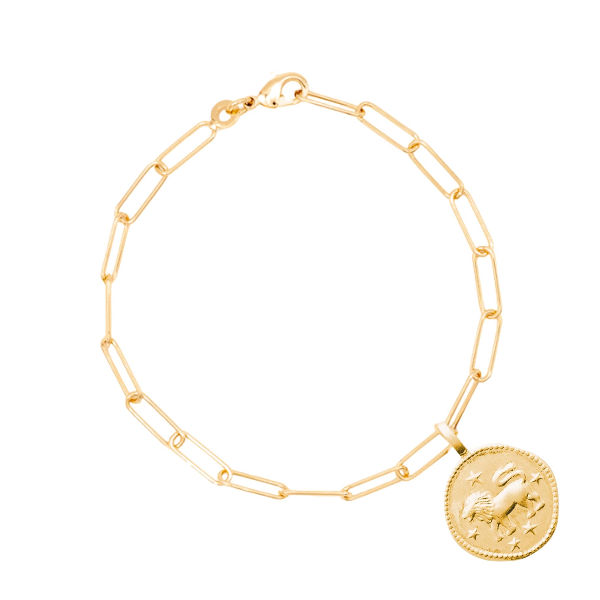 Bracelet Personnalisé Femme - Chaîne Petites Mailles et Médaille Zodiaque - Plaqué Or 18K
