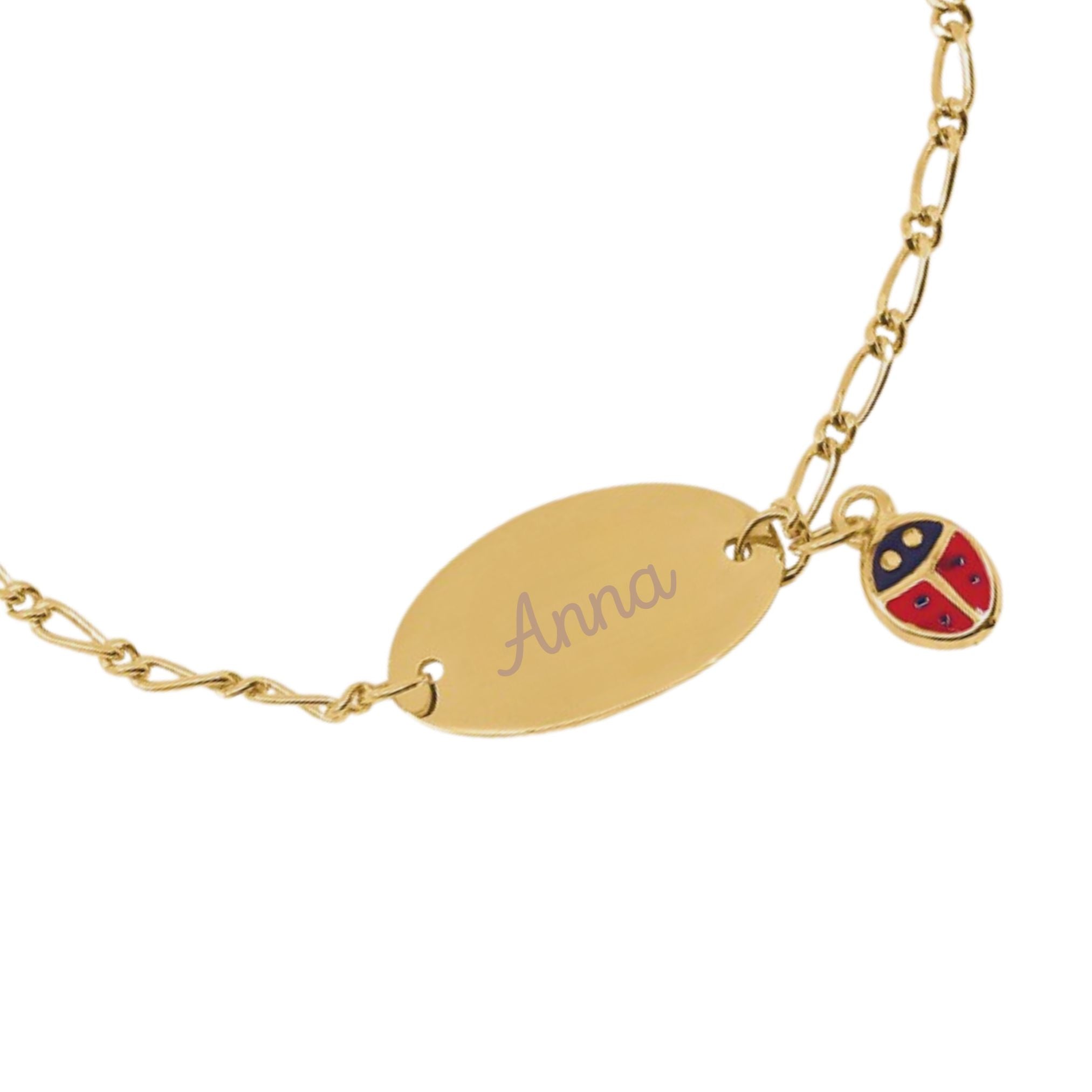 Bracelet Enfant Personnalisé – Chaîne, Gourmette Ovale & Coccinelle – Plaqué Or 18K
