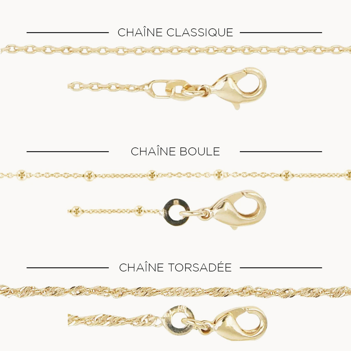Trois chaînes de collier en plaqué or 18K au choix : maille classique, à boules ou torsadée – Isabelle B