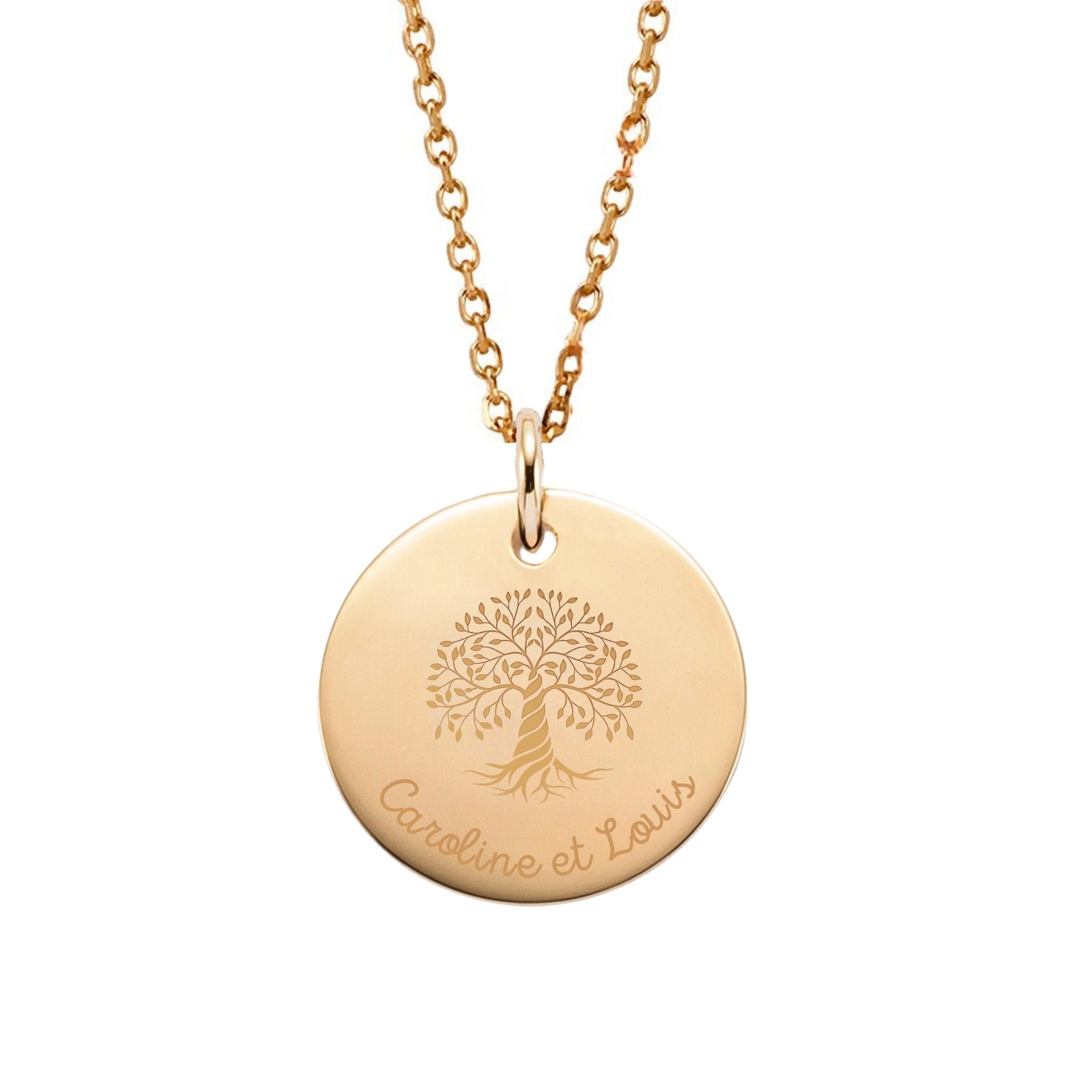 Collier Personnalisé Femme - Médaille Gravée Arbre de Vie - Plaqué Or 18K