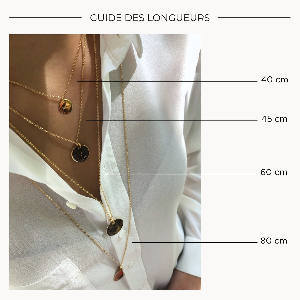 Guide des longueurs de chaîne 40, 45, 60 et 80 cm en plaqué or 18K – Isabelle B