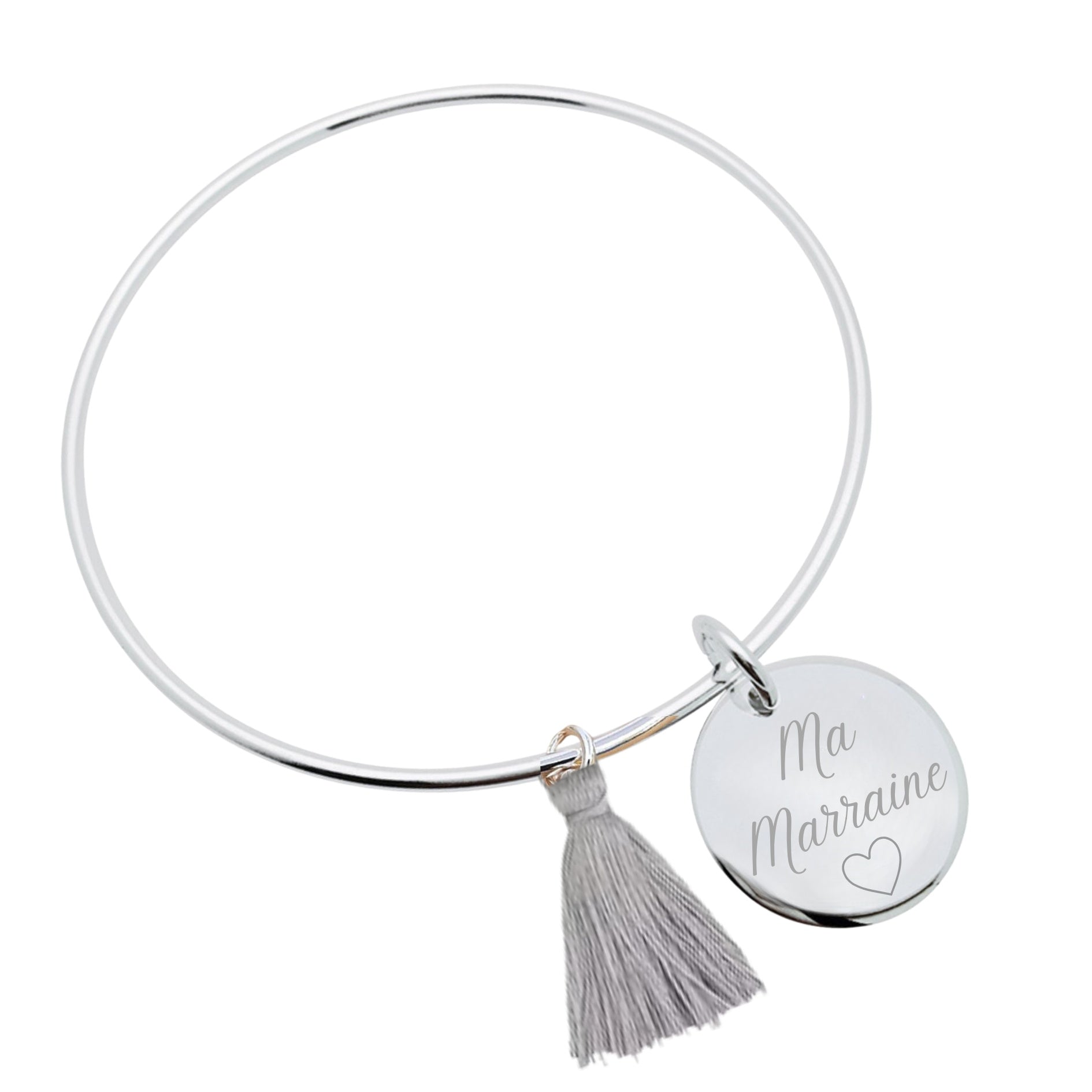 Bracelet Personnalisé Femme - Jonc, Médaille et Pompon - Argent 925
