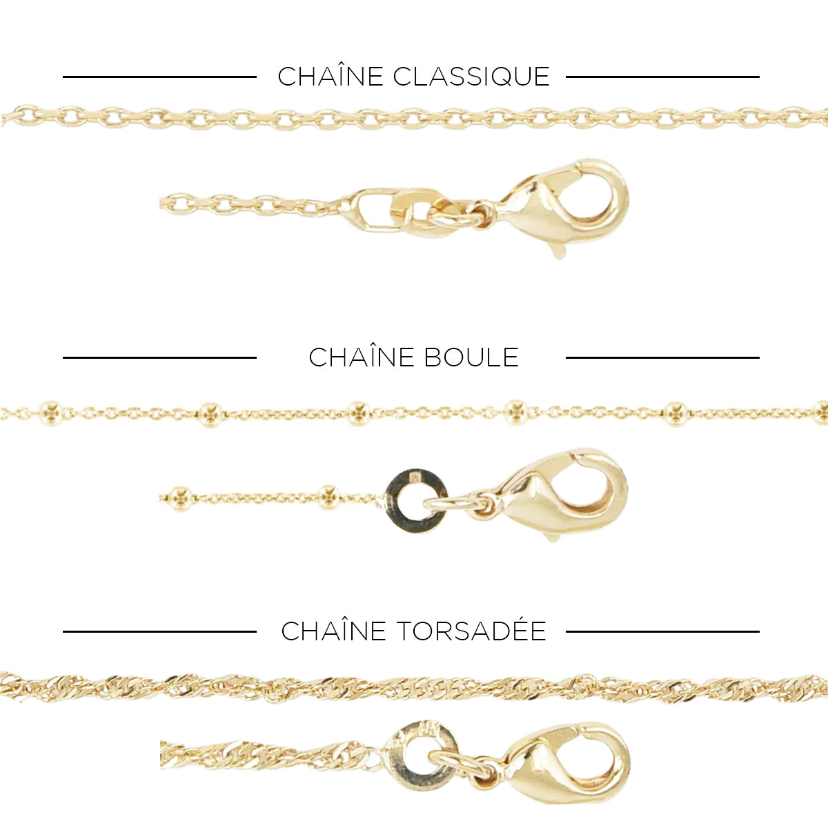 Modèles de chaîne plaqué or 18K : classique, boules et torsadée – Isabelle B