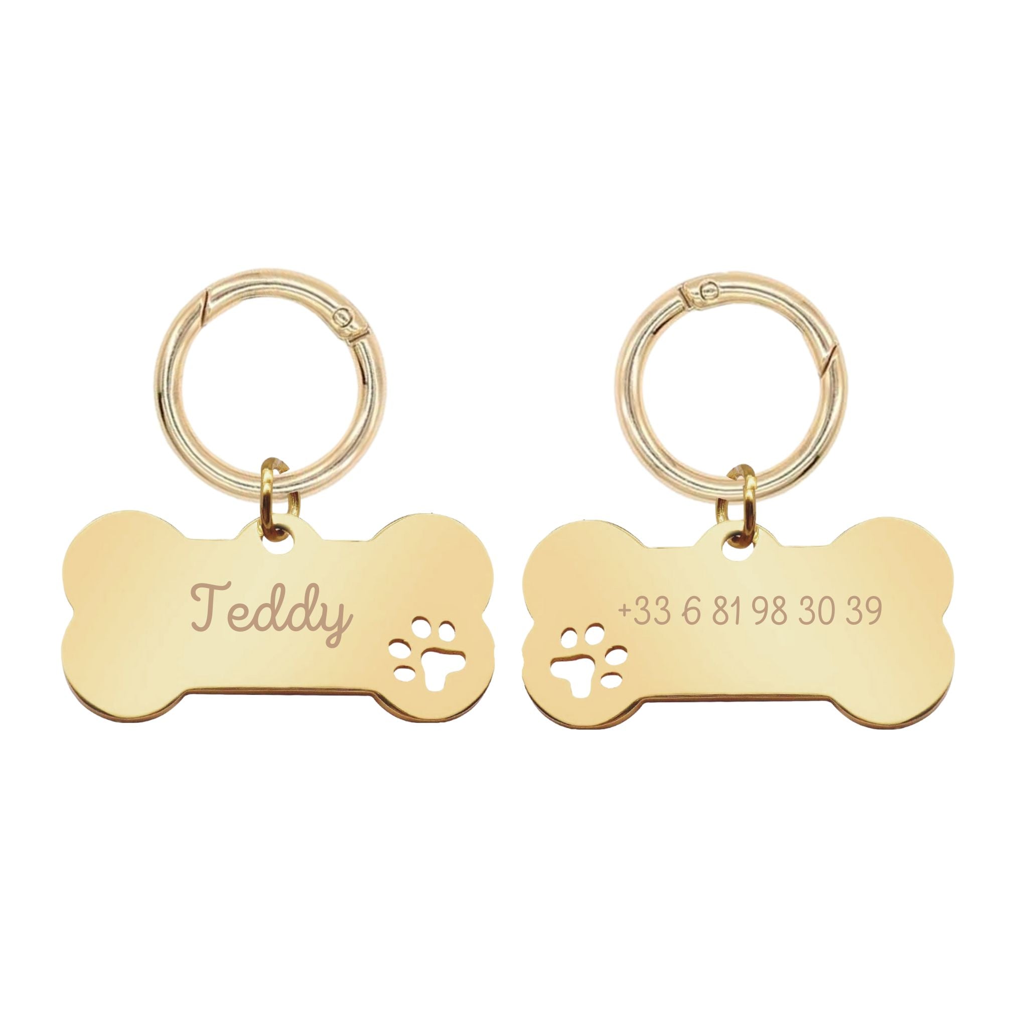 Médaille Chien Gravée - Os - Acier Doré