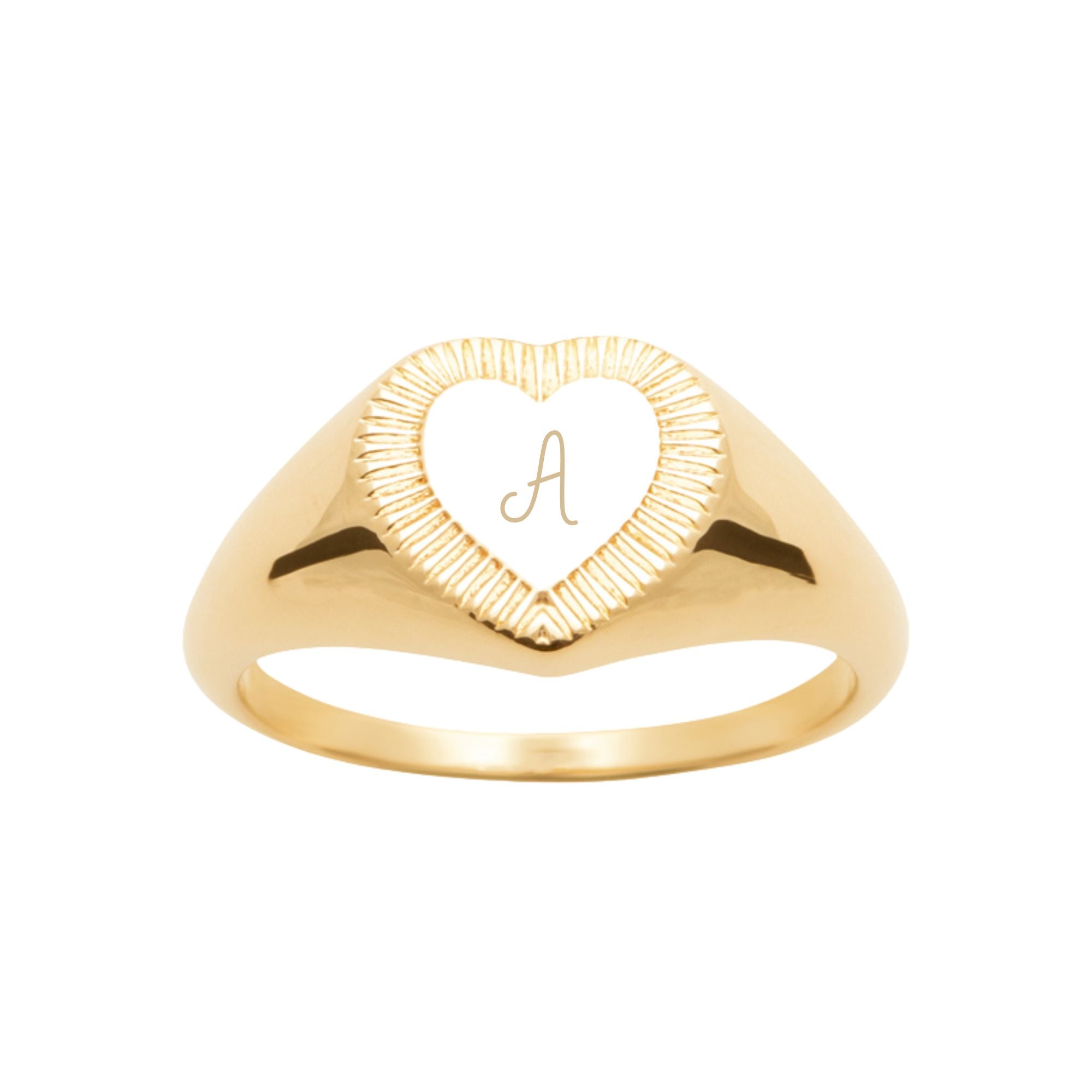 Bague Personnalisée Femme – Chevalière, Cœur Strié – Plaqué Or 18K