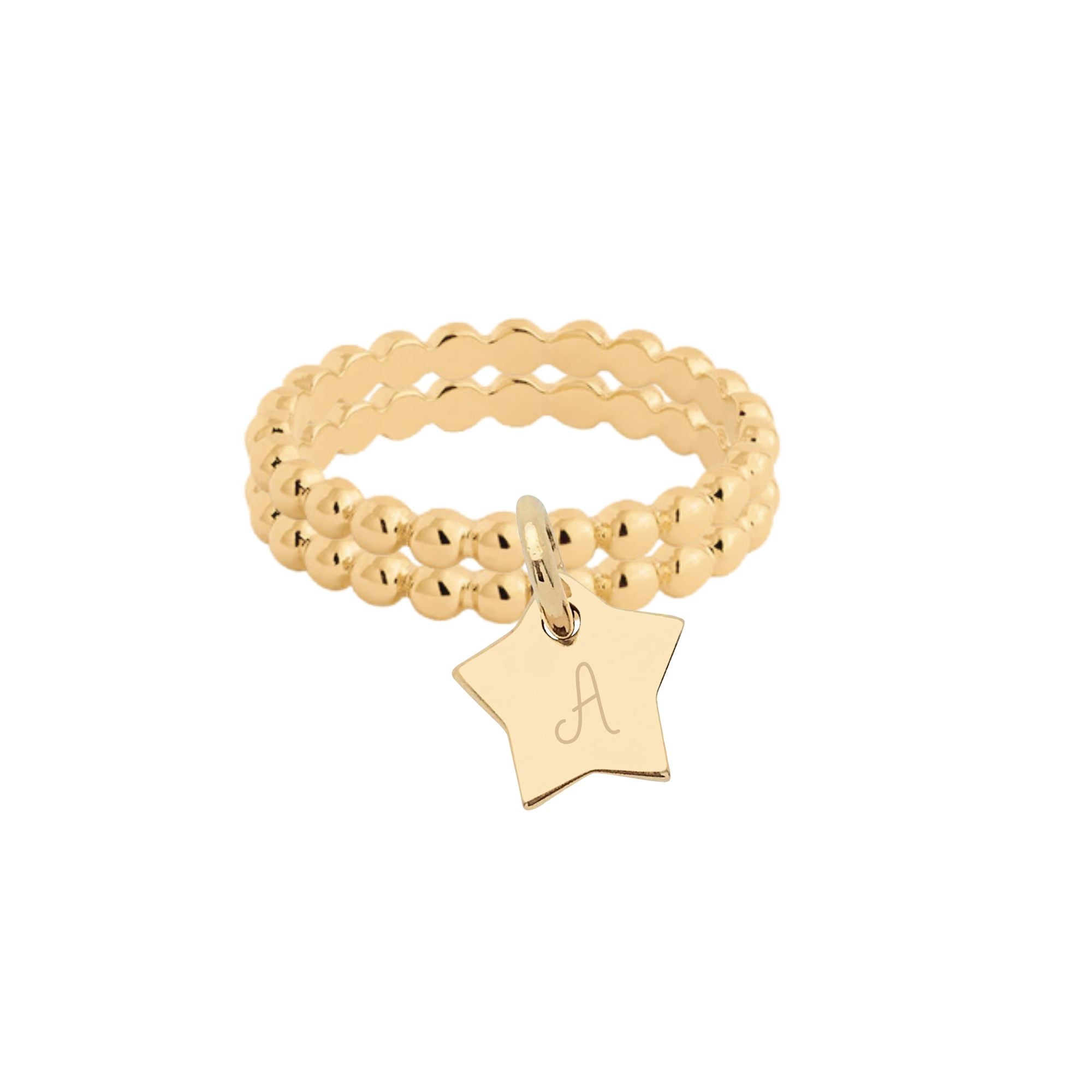 Bague Personnalisée Femme - Petites Perles Deux Rangs & Médaille Gravée – Plaqué Or 18K