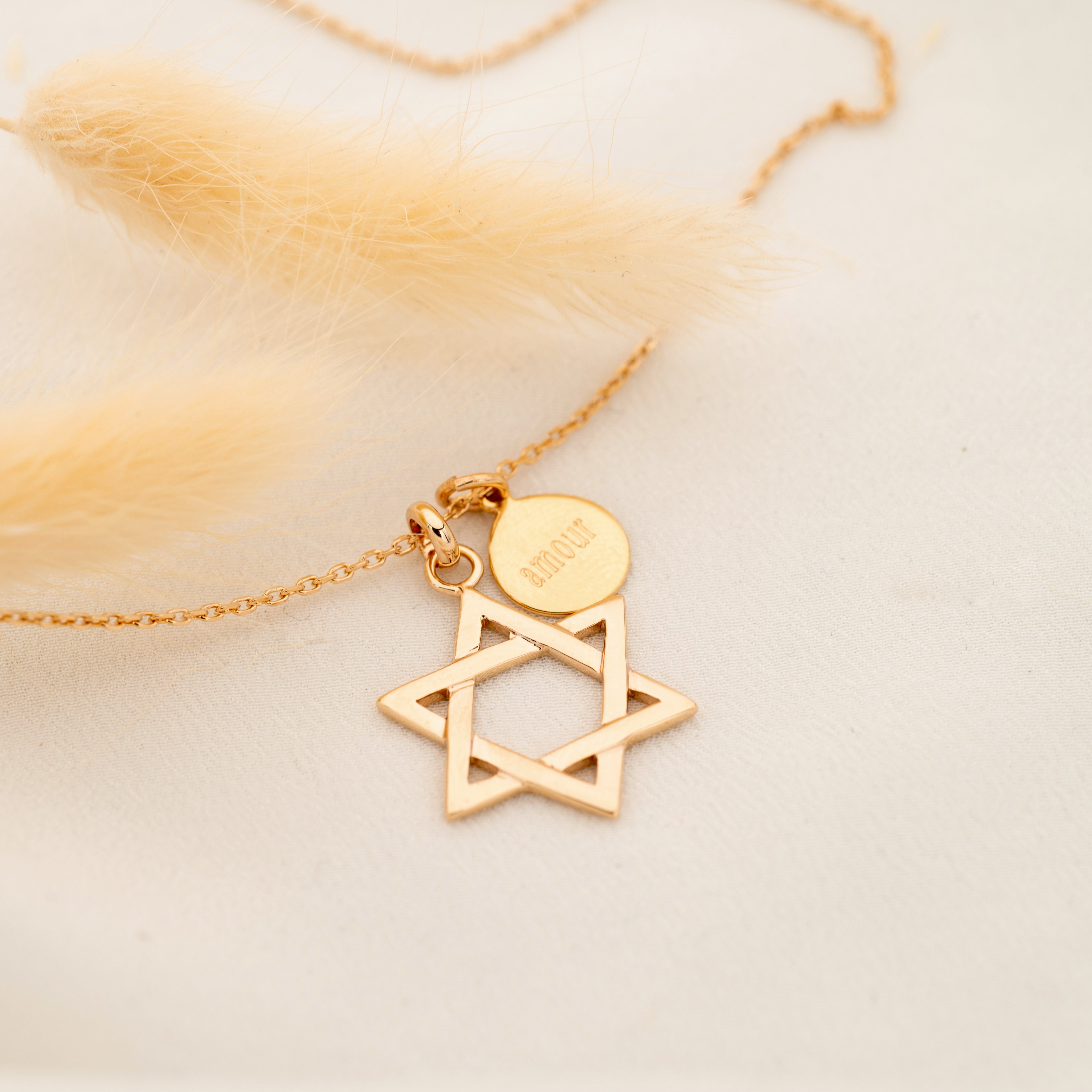 Collier Personnalisé Femme – Étoile de David & Médaille – Plaqué Or 18K