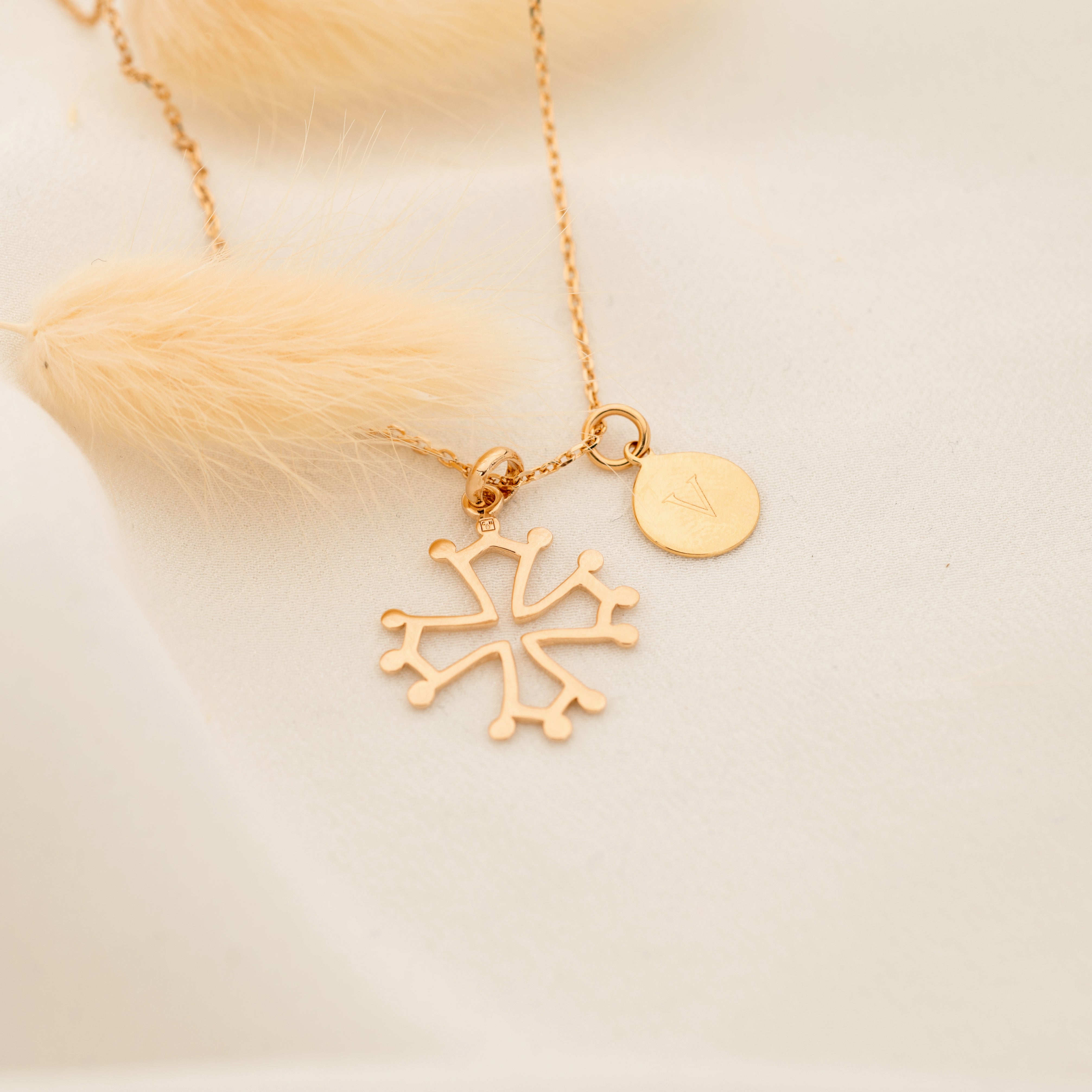 Collier Personnalisé Femme – Croix Occitane & Médaille – Plaqué Or 18K
