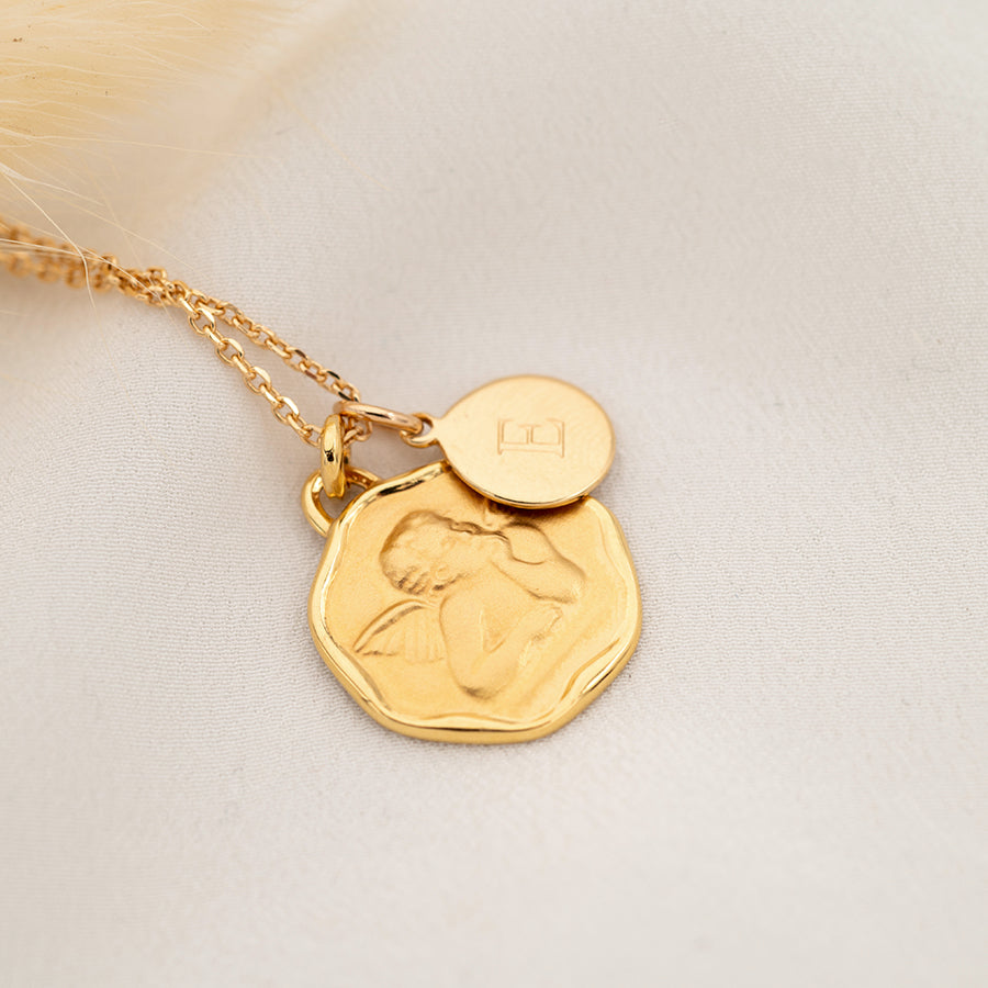 Collier Personnalisé Femme - Ange et Médaille - Plaqué Or 18K