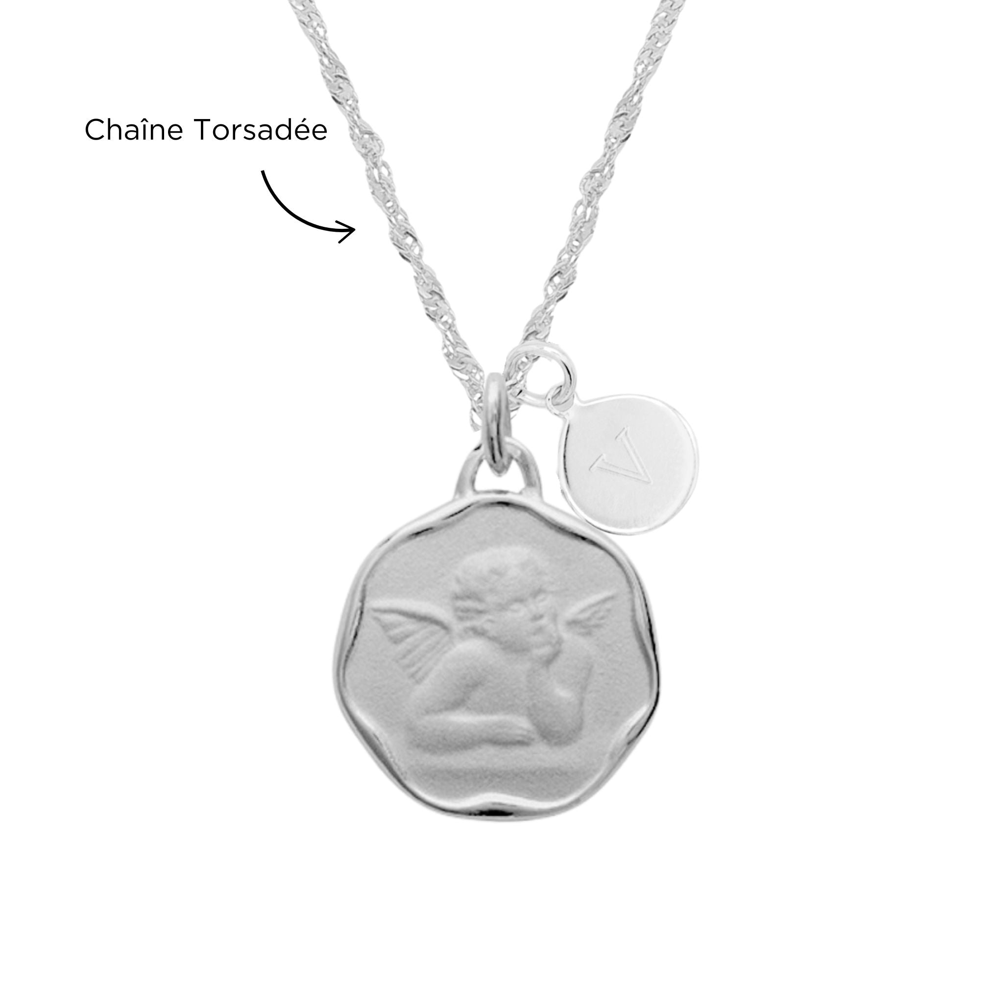 Collier Personnalisé Femme - Ange et Médaille - Argent 925