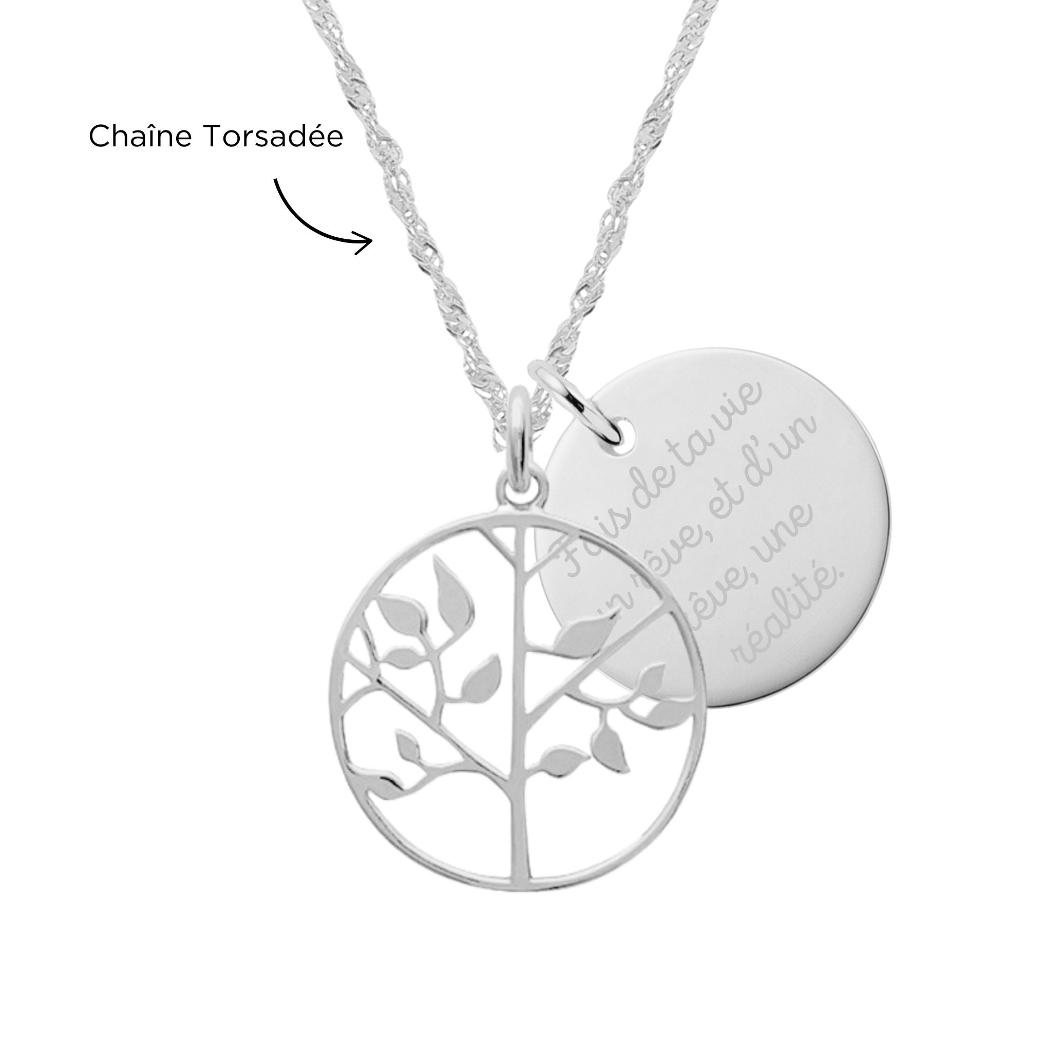 Collier Personnalisé Femme - Arbre de Vie & Médaille - Argent