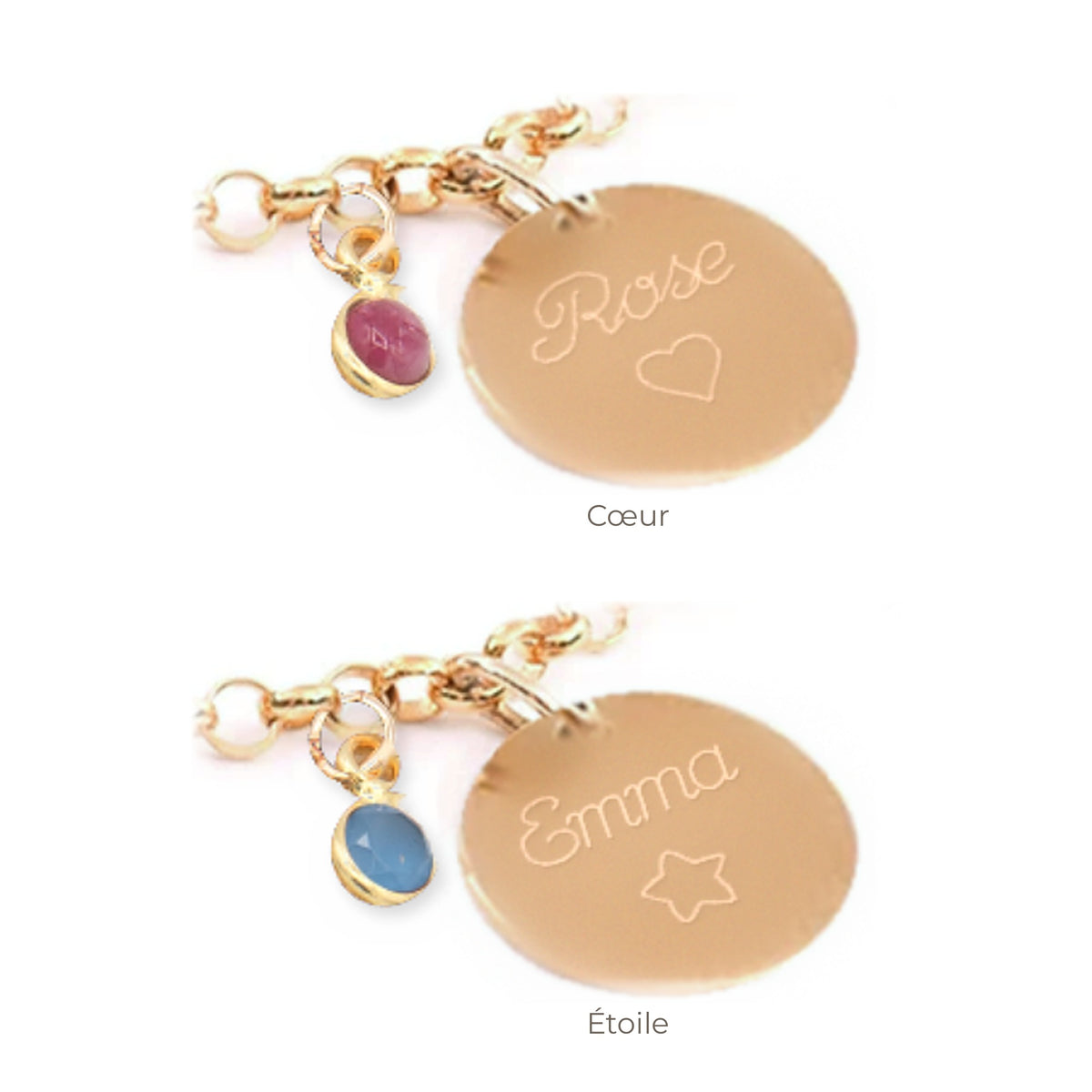 Bracelet pierre de naissance avec médaille gravée d’un prénom et d’un cœur ou d’une étoile – Isabelle B