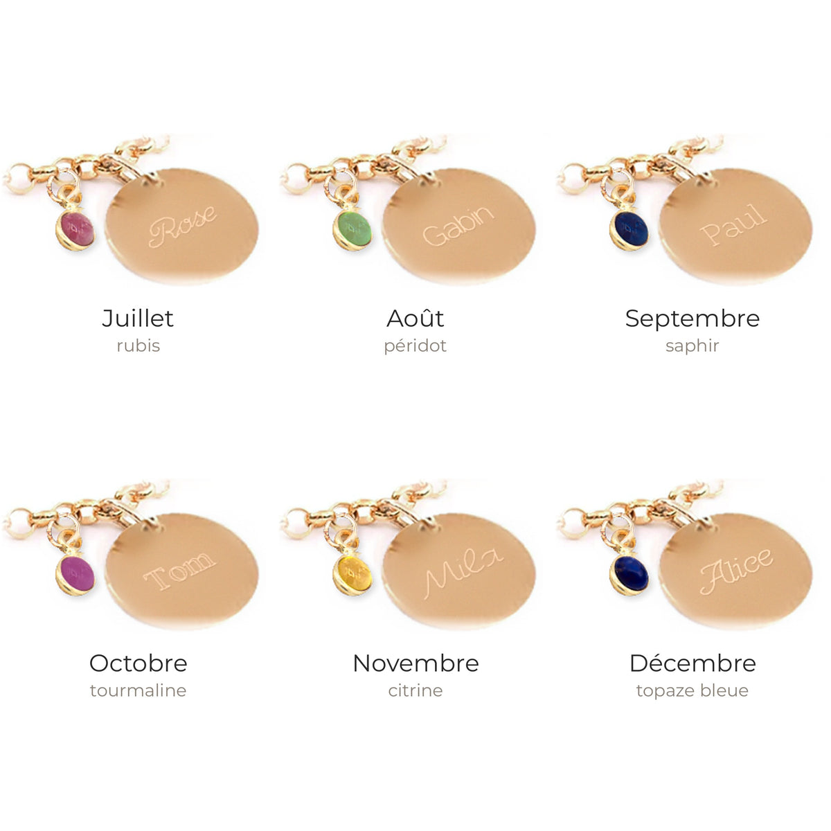 Bracelet jaseron médaille gravée avec pierre de naissance de juillet à décembre : rubis, péridot, saphir, tourmaline, citrine, topaze bleue – Isabelle B
