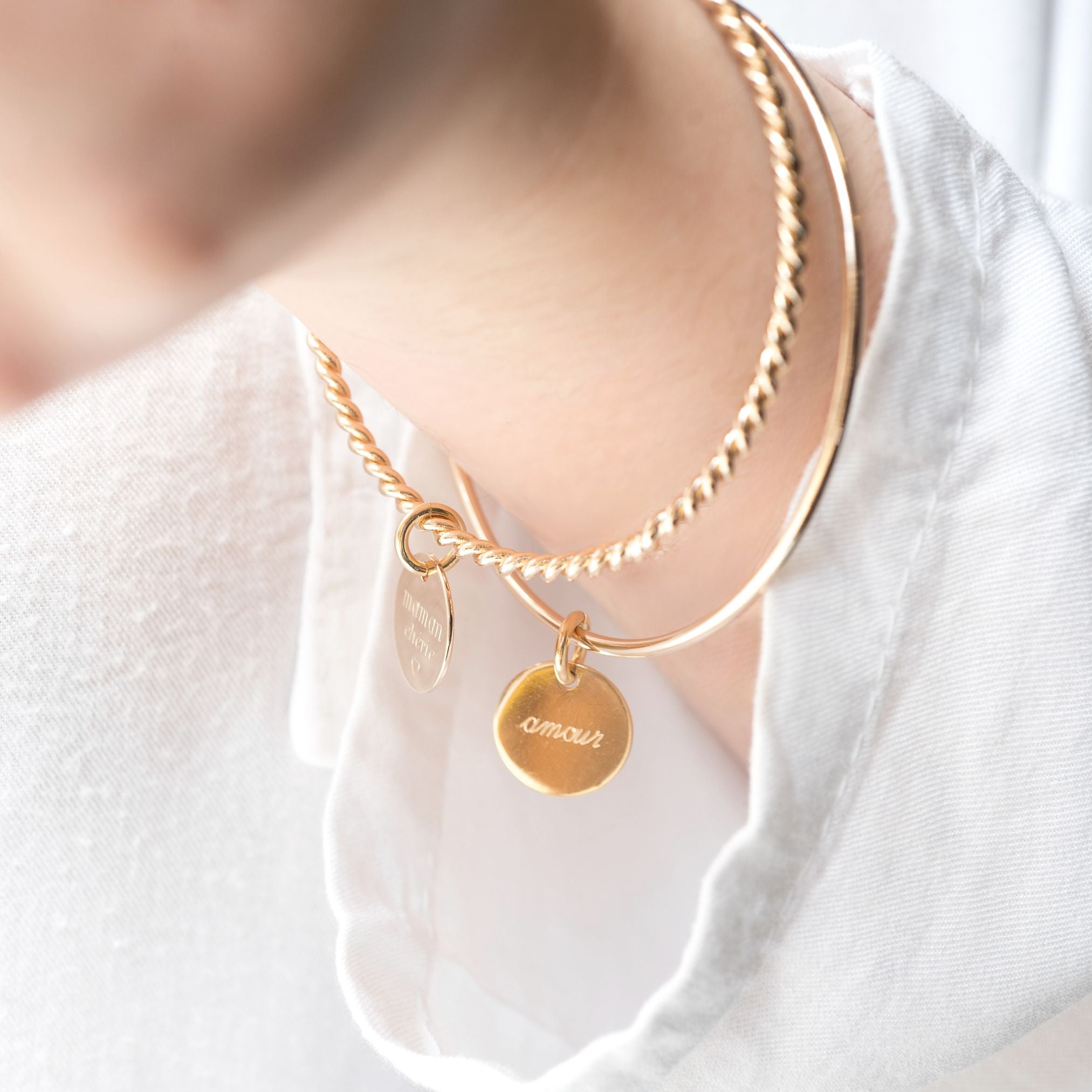 Bracelet Personnalisé Femme - Jonc Torsadé et Médaille 15 mm - Plaqué Or 18K