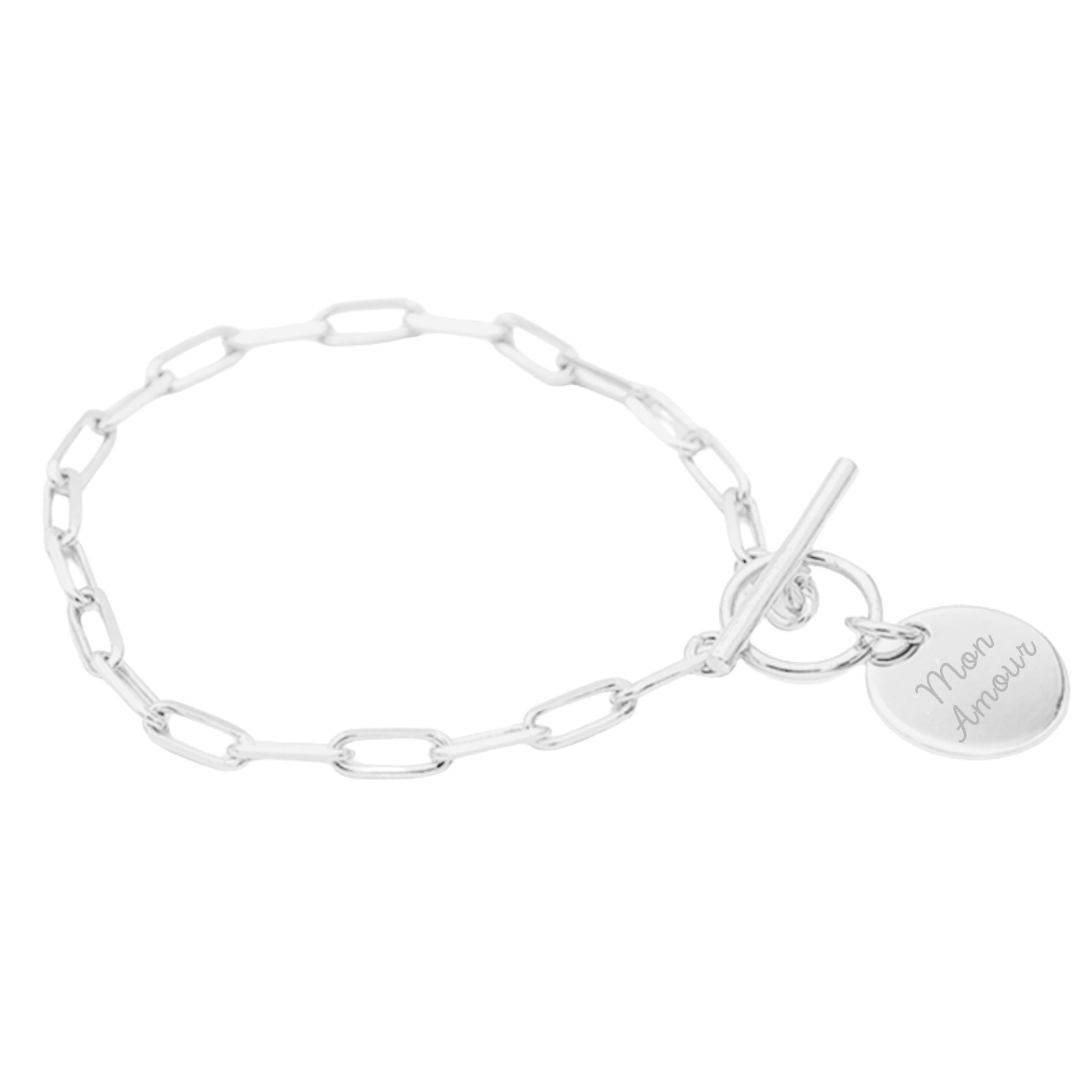 Bracelet Personnalisé Femme - Chaîne Petites Mailles, Fermoir T et Médaille - Argent 925