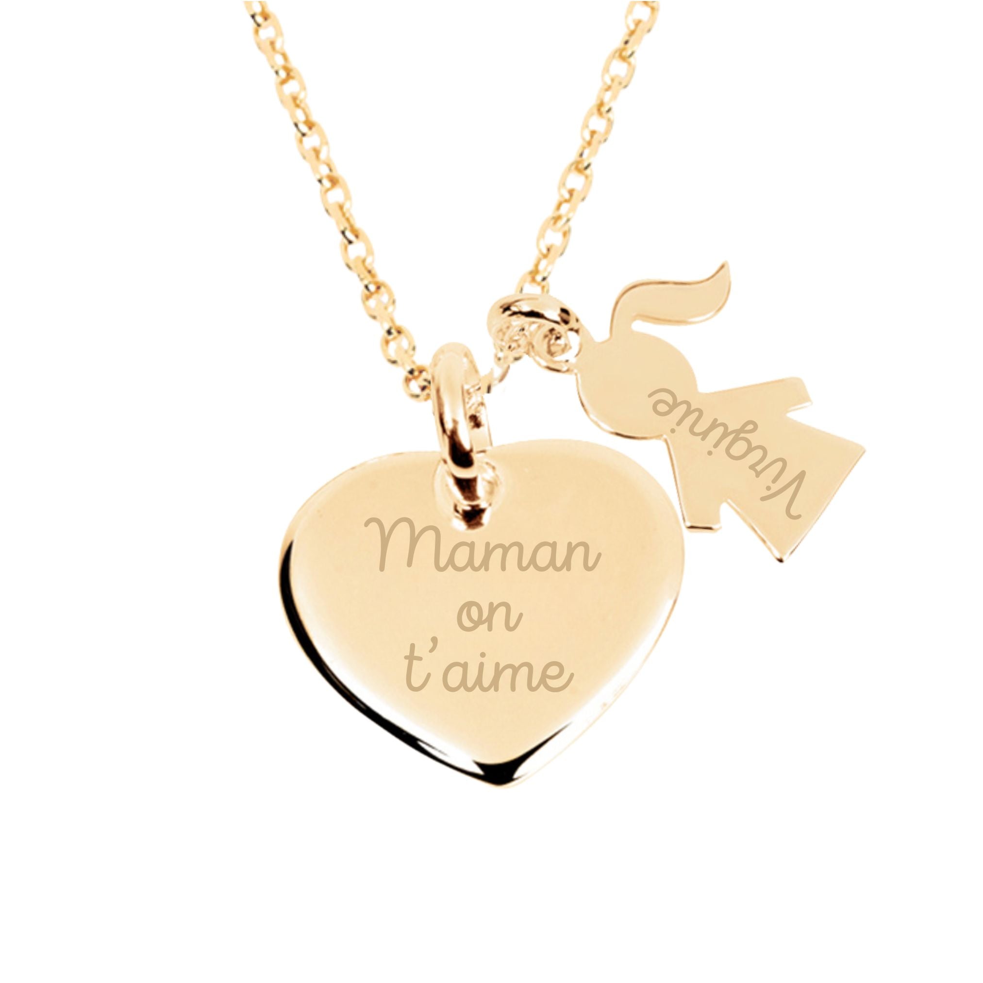 Bijou famille gravé avec charms fille et garçon en plaqué or