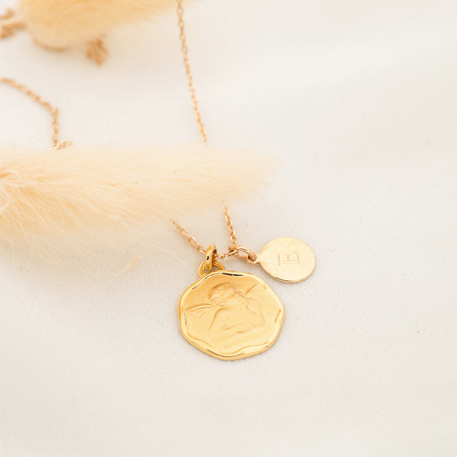Collier Personnalisé Femme - Ange et Médaille - Plaqué Or 18K