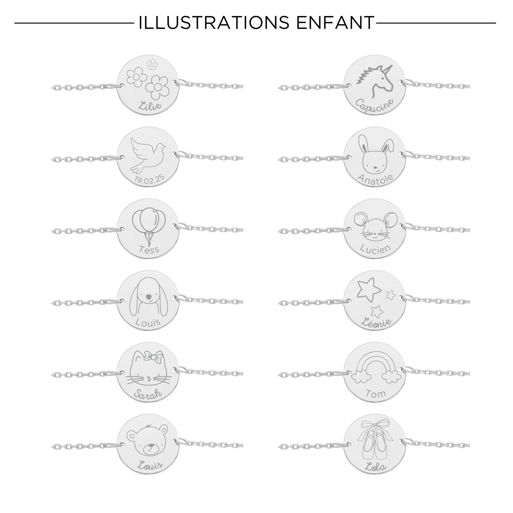 Bracelet Enfant Personnalisé - Chaîne, Médaille et Illustration - Argent 925