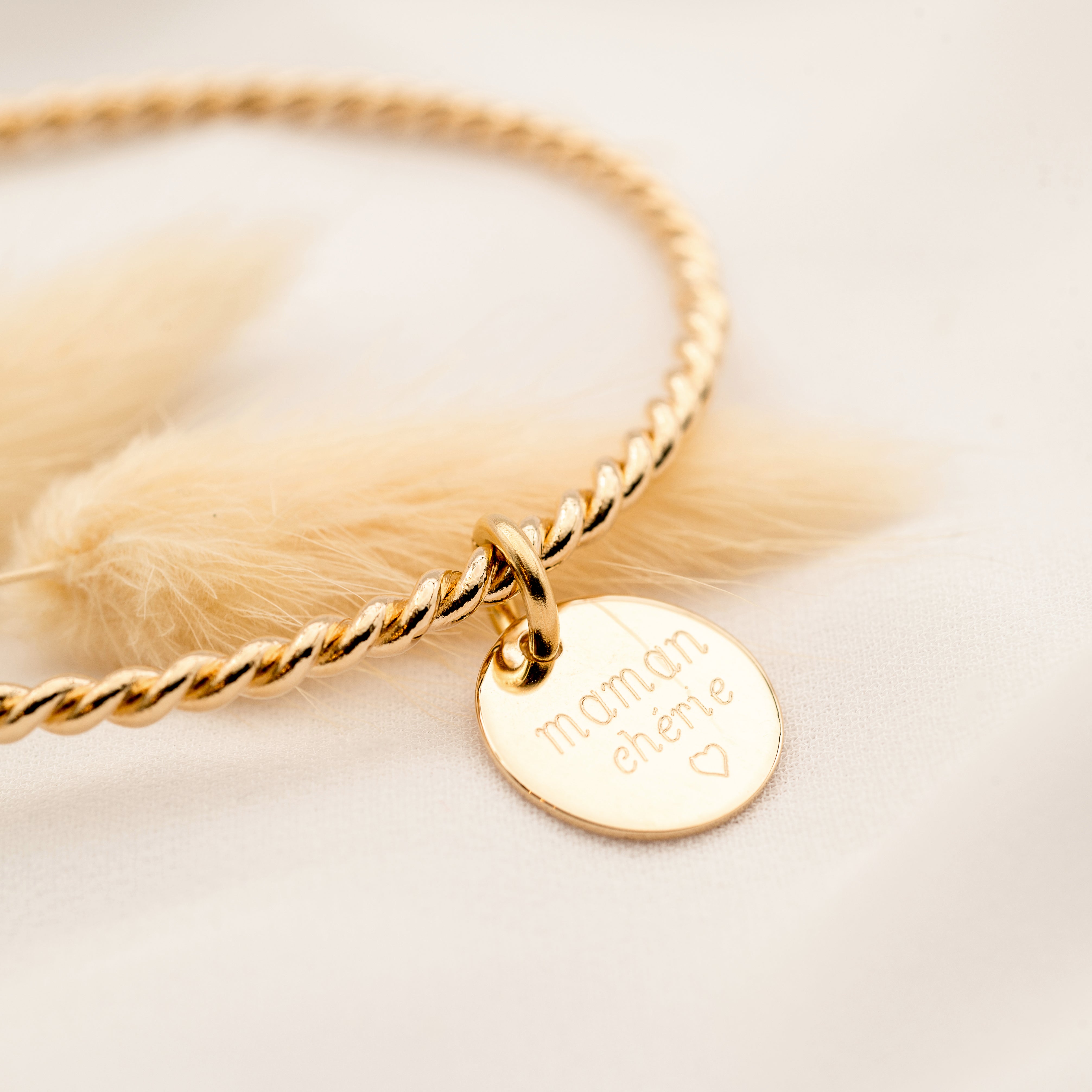 Bracelet Personnalisé Femme - Jonc Torsadé et Médaille - Plaqué Or 18K