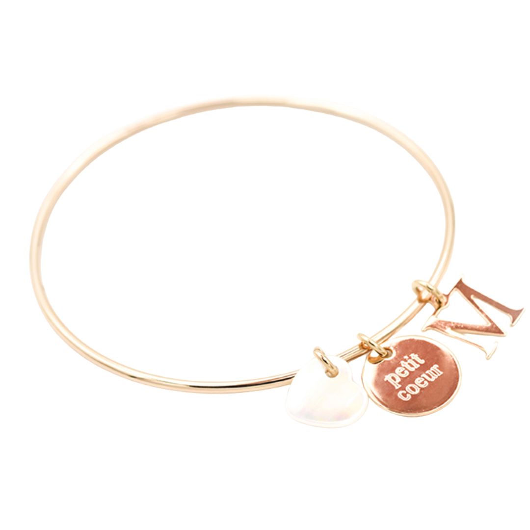Bracelet Personnalisé Femme - Jonc, Initiale et Nacre - Plaqué Or 18K