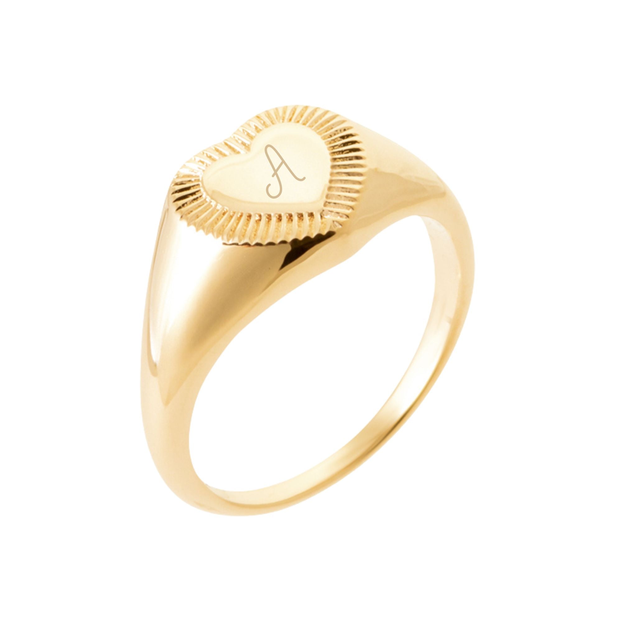 Bague Personnalisée Femme – Chevalière, Cœur Strié – Plaqué Or 18K