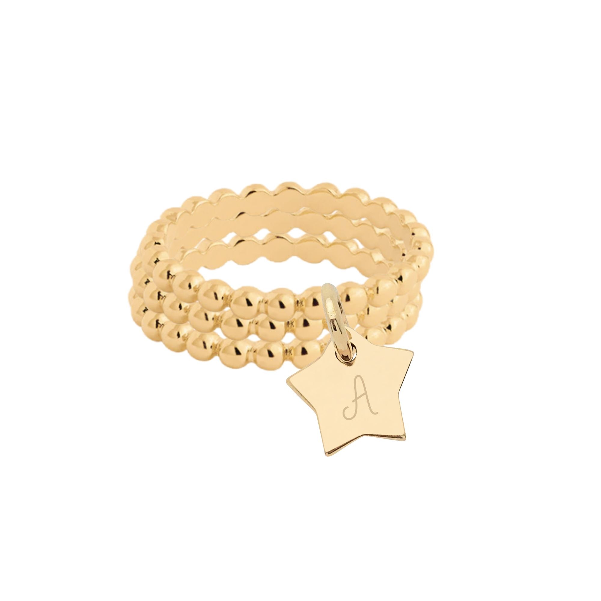 Bague Personnalisée Femme - Petites Perles Trois Rangs & Médaille Gravée – Plaqué Or 18K