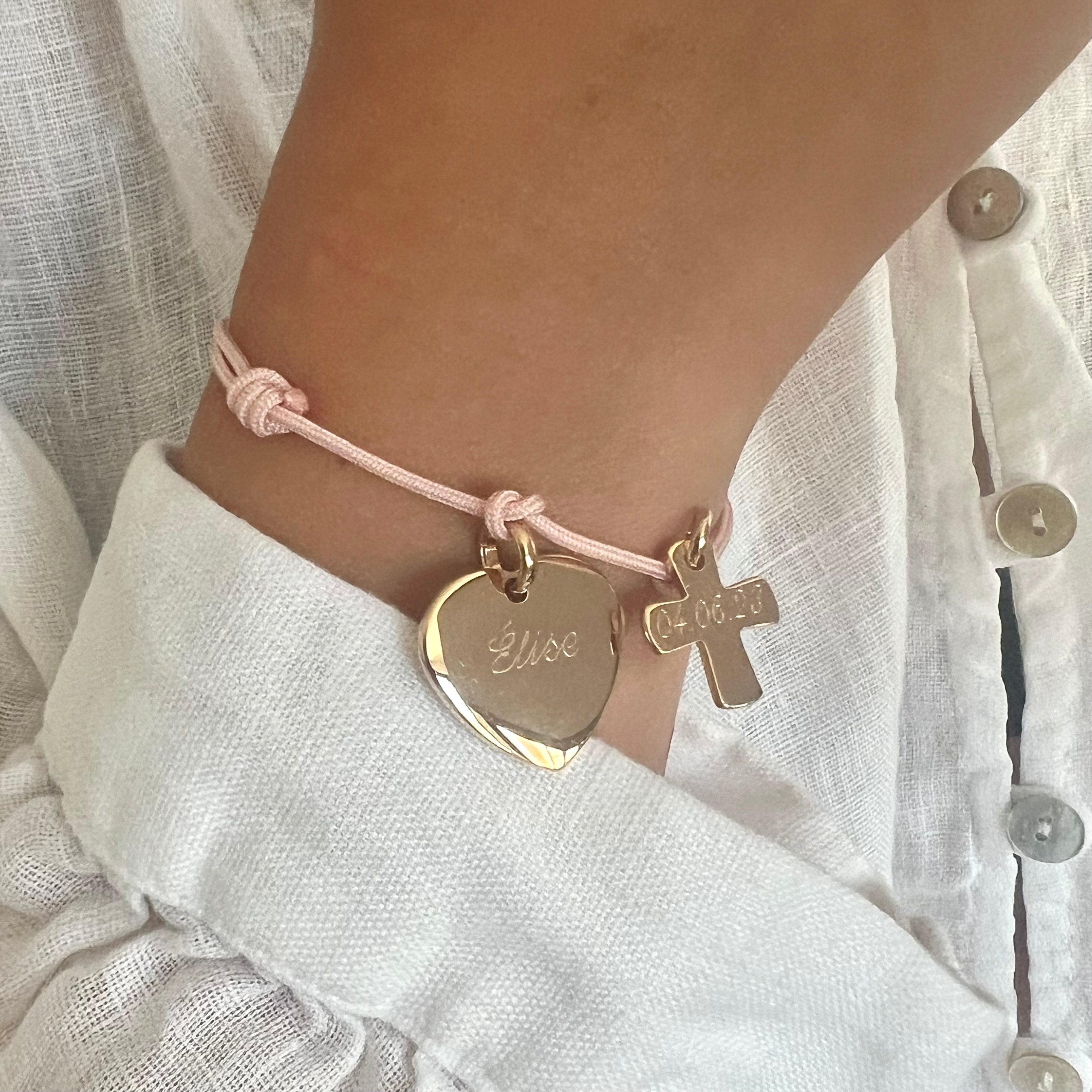 Bracelet Personnalisé Enfant, Baptême ou Communion - Cordon, Coeur & Croix - Plaqué Or 18K