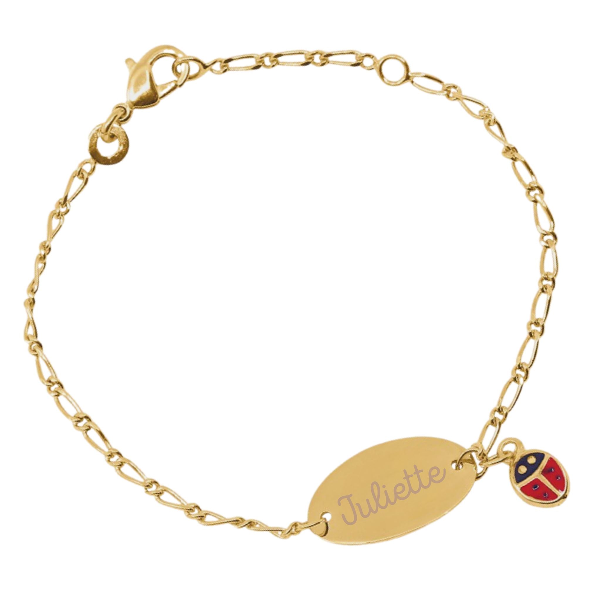Bracelet Enfant Personnalisé – Chaîne, Gourmette Ovale & Coccinelle – Plaqué Or 18K