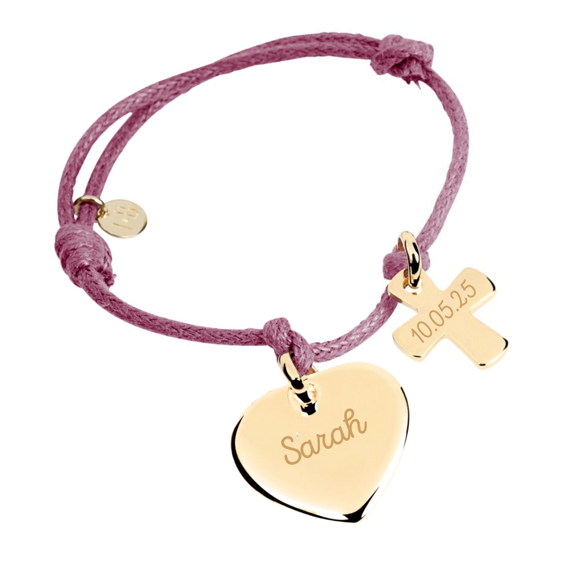 Bracelet Personnalisé Enfant, Baptême ou Communion - Cordon, Coeur & Croix - Plaqué Or 18K