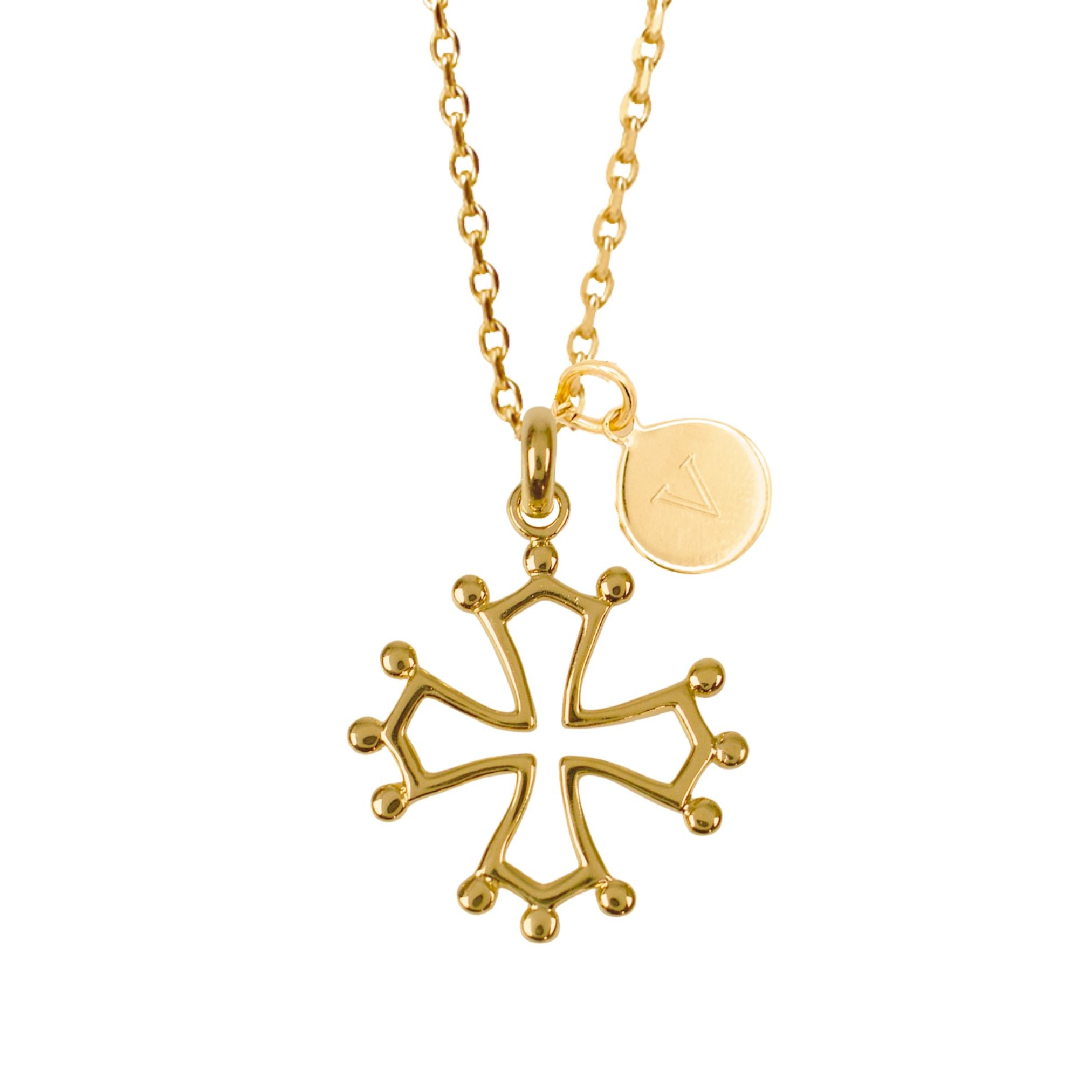 Collier Personnalisé Femme – Croix Occitane & Médaille – Plaqué Or 18K