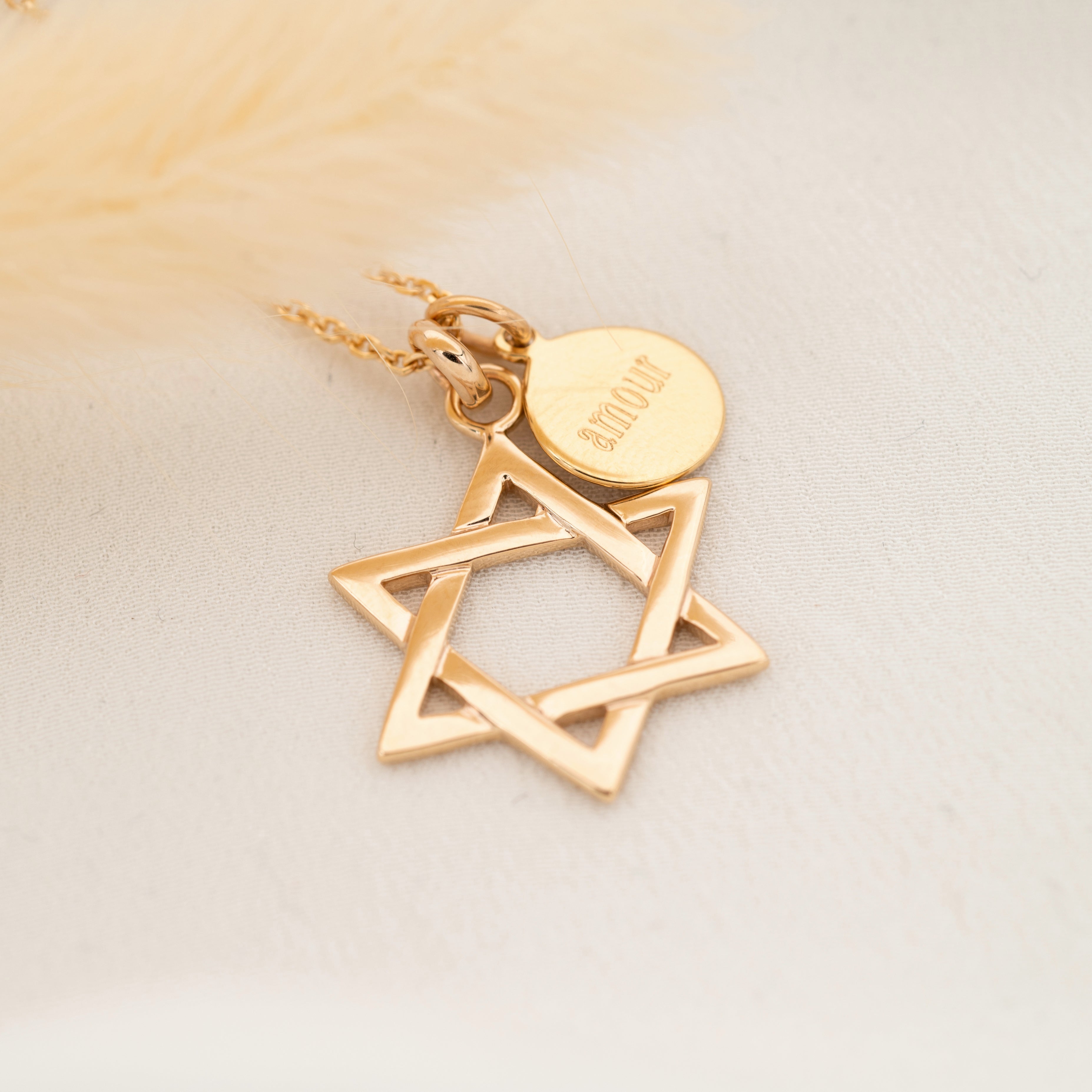 Collier Personnalisé Femme – Étoile de David & Médaille – Plaqué Or 18K